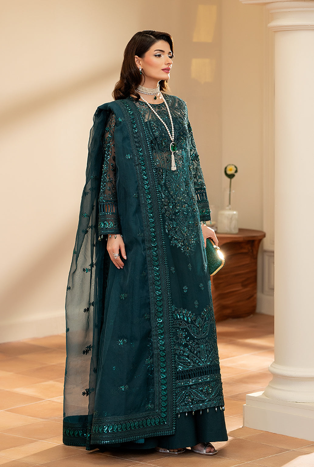 Yashfa Studio - Mahjabeen Organza Suit For Women - Teal - 3 Piece