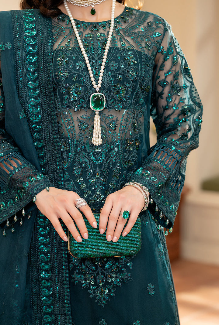 Yashfa Studio - Mahjabeen Organza Suit For Women - Teal - 3 Piece