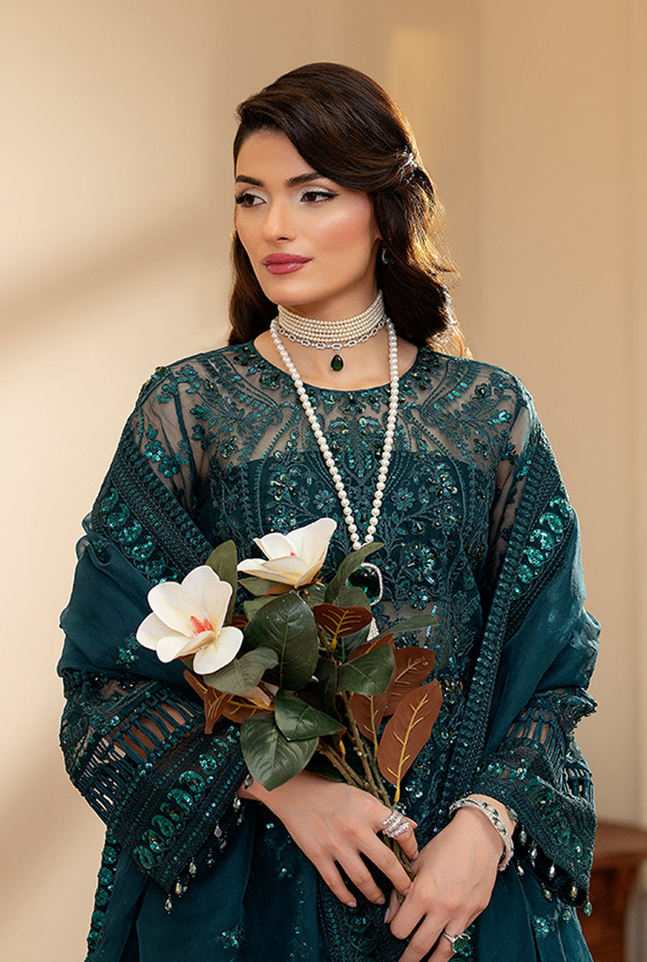 Yashfa Studio - Mahjabeen Organza Suit For Women - Teal - 3 Piece