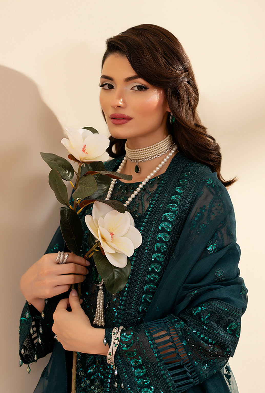 Yashfa Studio - Mahjabeen Organza Suit For Women - Teal - 3 Piece