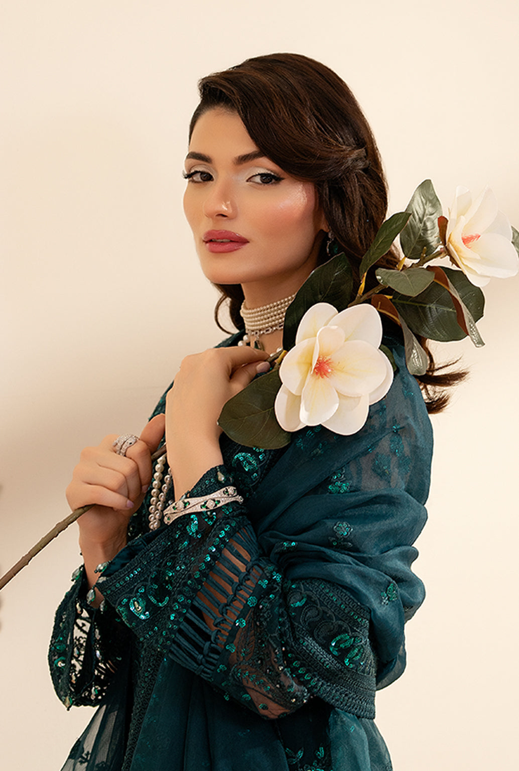 Yashfa Studio - Mahjabeen Organza Suit For Women - Teal - 3 Piece