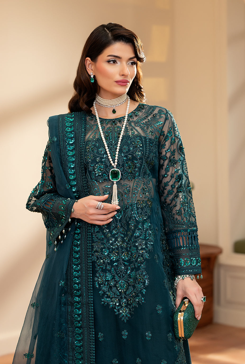 Yashfa Studio - Mahjabeen Organza Suit For Women - Teal - 3 Piece