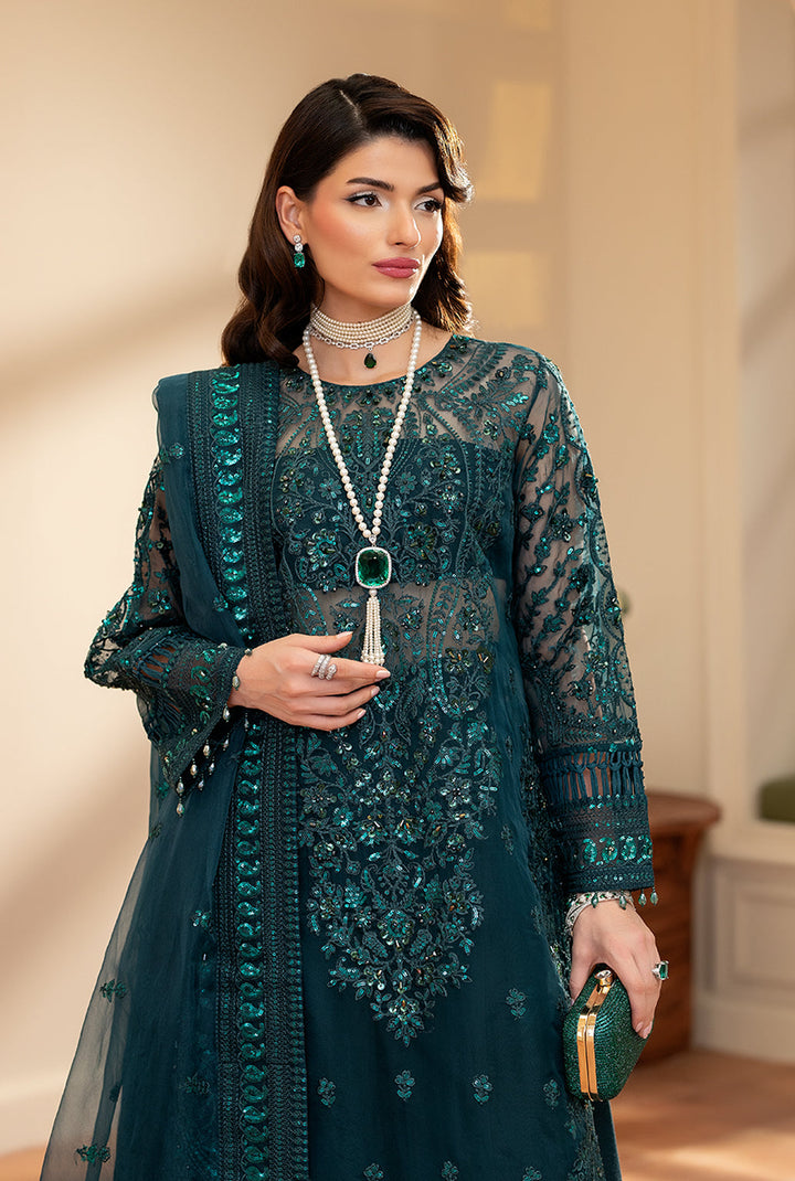 Yashfa Studio - Mahjabeen Organza Suit For Women - Teal - 3 Piece
