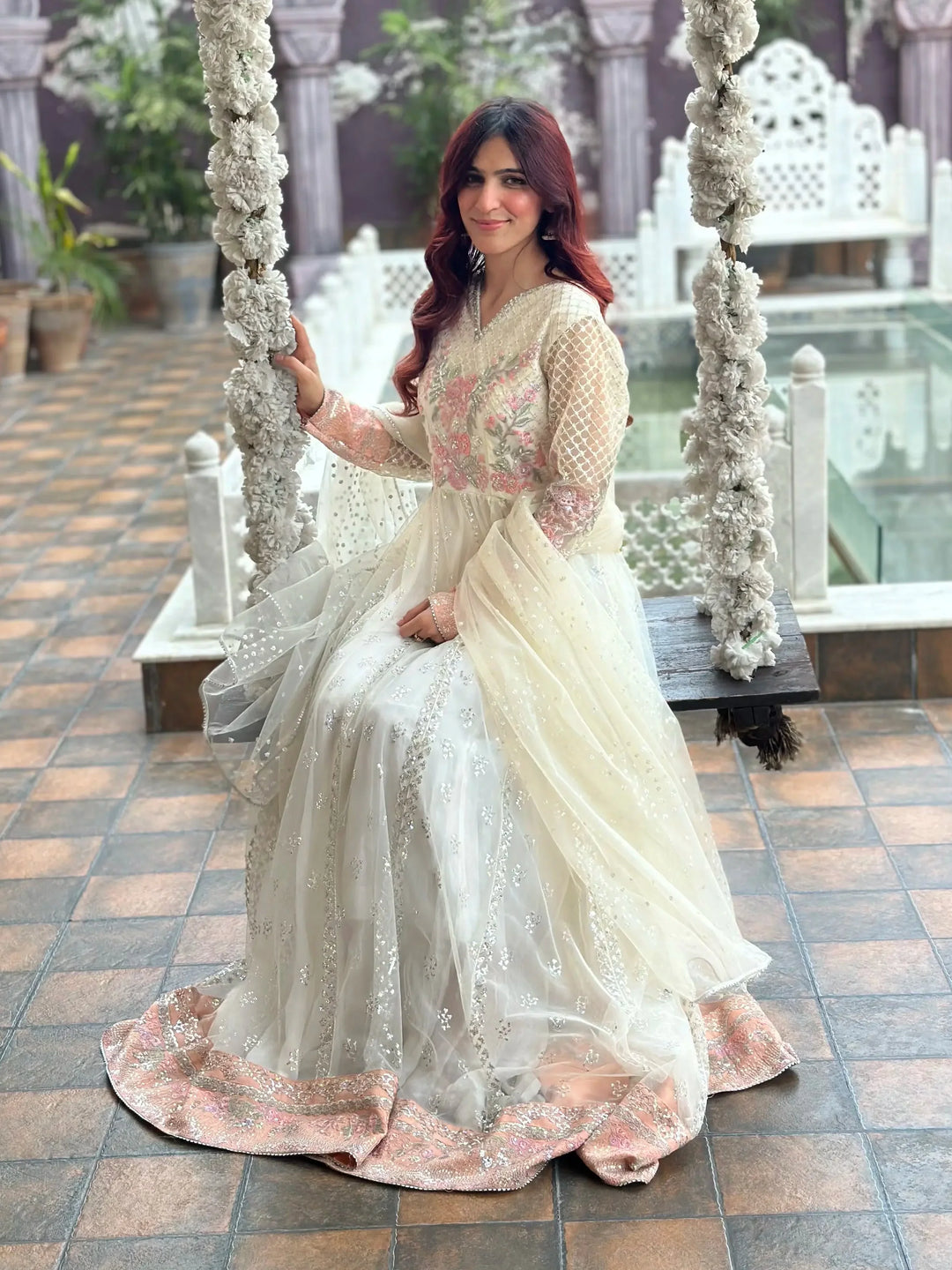 Yashfa Studio - Mushq Soft Net Sharara For Women - White - 3 Piece