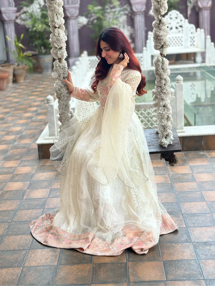 Yashfa Studio - Mushq Soft Net Sharara For Women - White - 3 Piece
