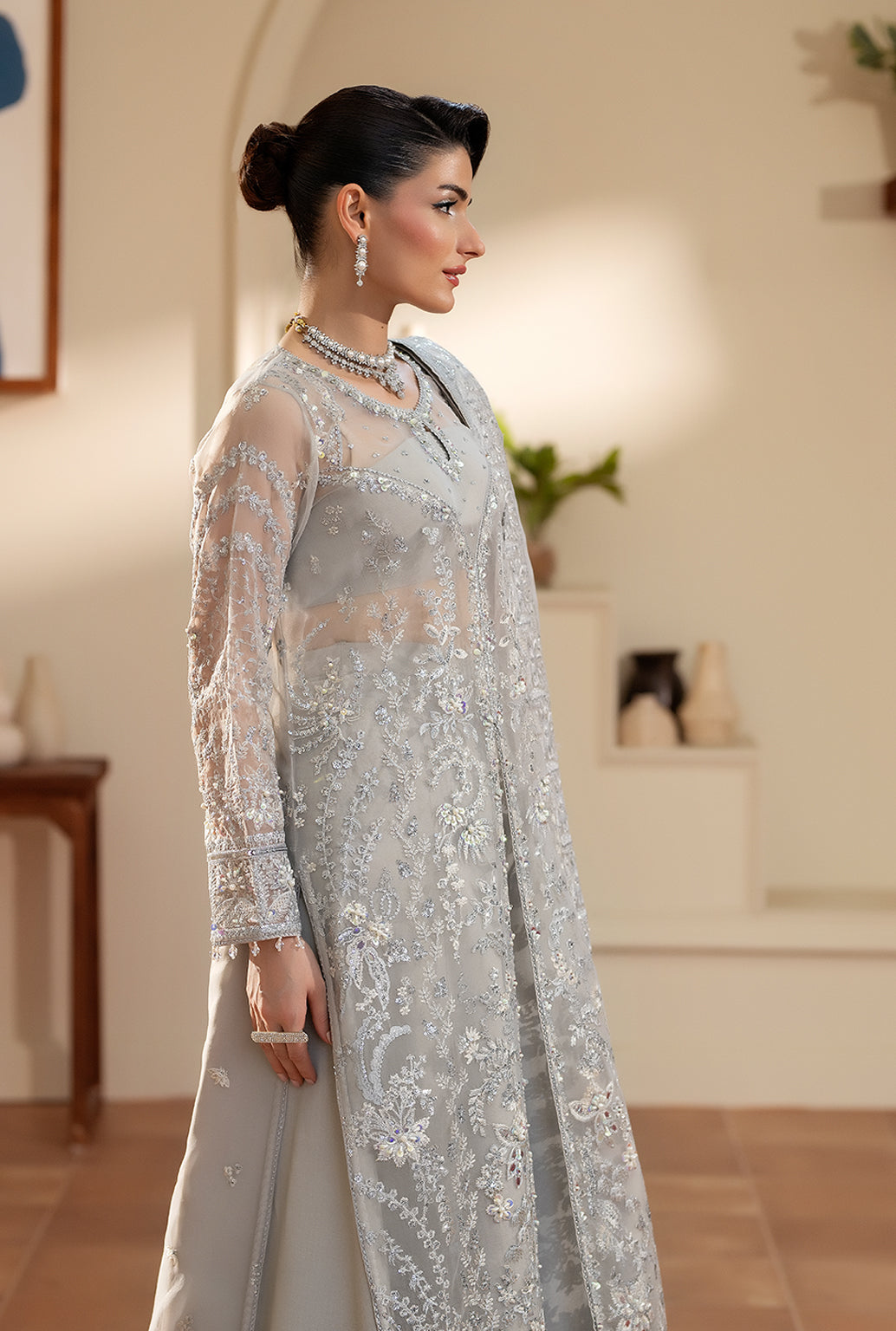 Yashfa Studio - Nazdana Organza Suit For Women - Gray - 3 Piece