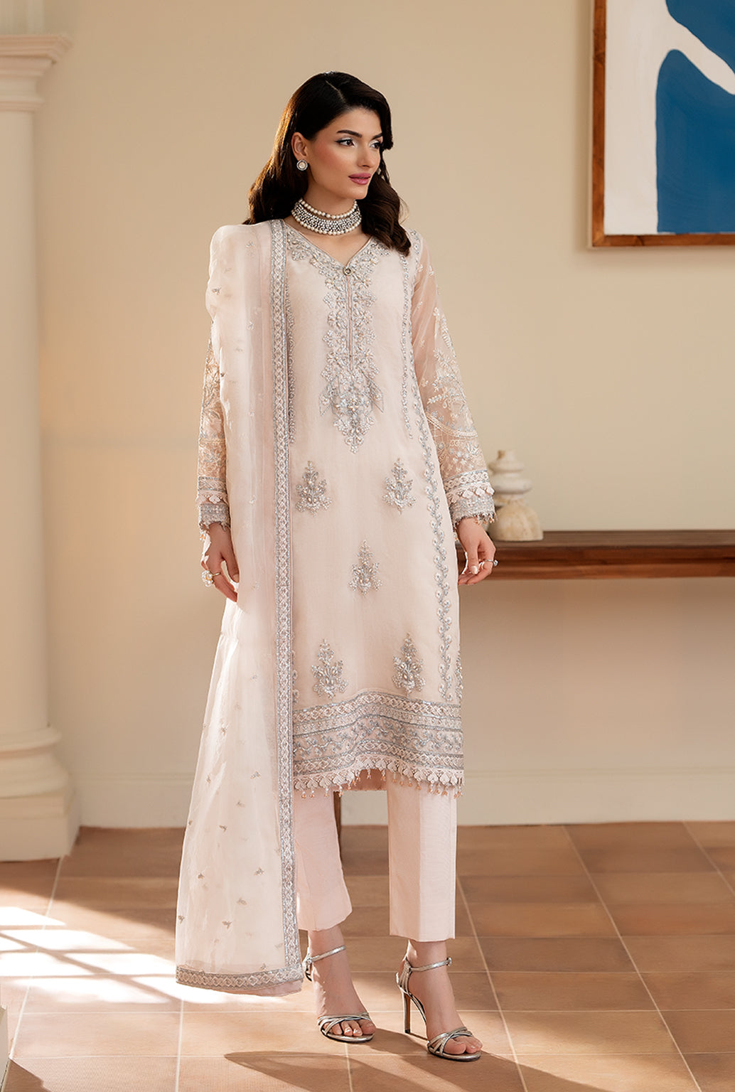 Yashfa Studio - Shanza Organza Suit For Women - Pastel Cream - 3 Piece