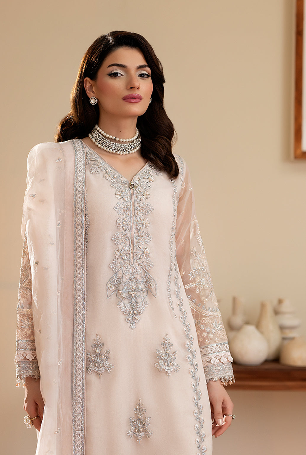 Yashfa Studio - Shanza Organza Suit For Women - Pastel Cream - 3 Piece