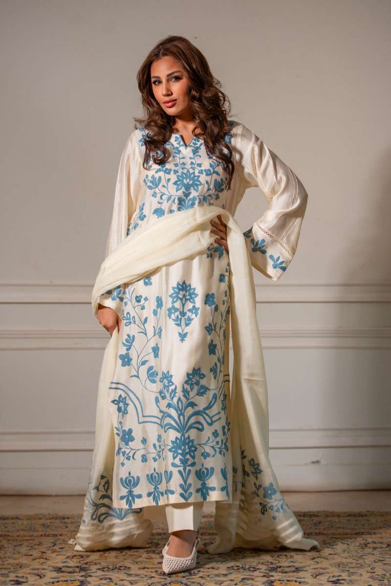 Yasmin Zaman - Butter Sheesha mat finish Suit For Women - Ivory  - 3 Piece