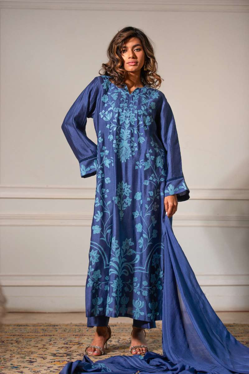 Yasmin Zaman - Butter Sheesha mat finish Suit For Women - Purssian blue  - 3 Piece