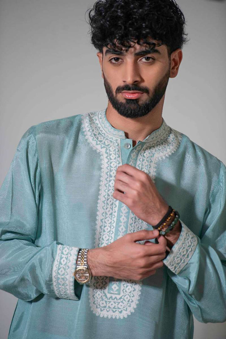 Yasmin Zaman - Cotton Kurta With Trouser For Men - Ice Blue - 2 Piece