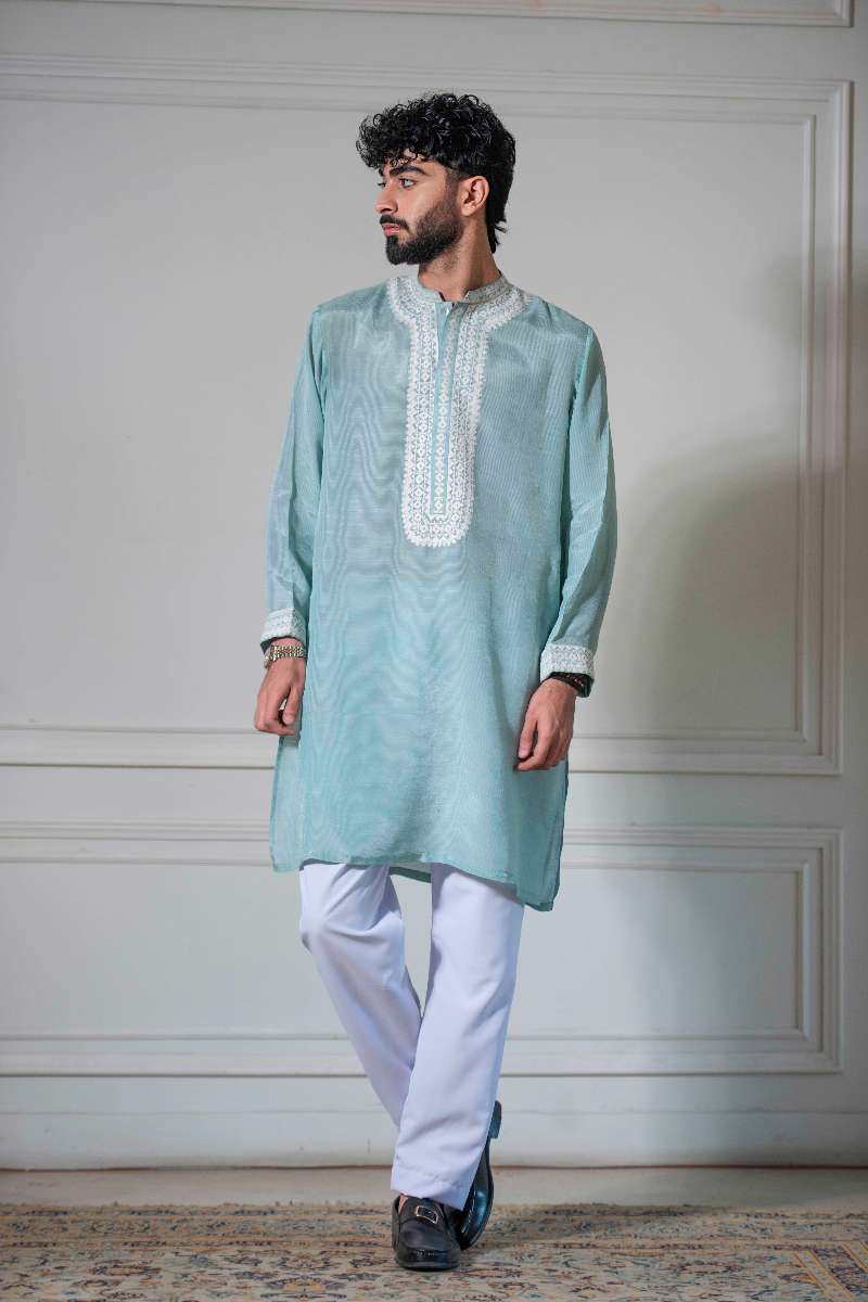 Yasmin Zaman - Cotton Kurta With Trouser For Men - Ice Blue - 2 Piece
