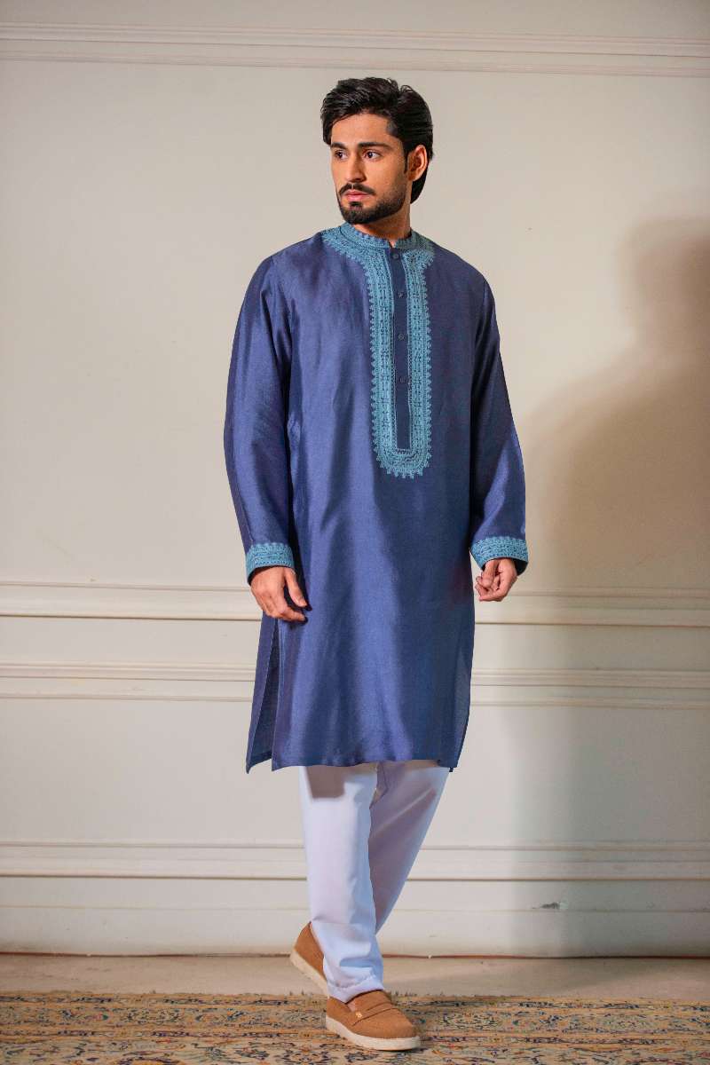Yasmin Zaman - Cotton Kurta With Trouser For Men - Pursian Blue - 2 Piece