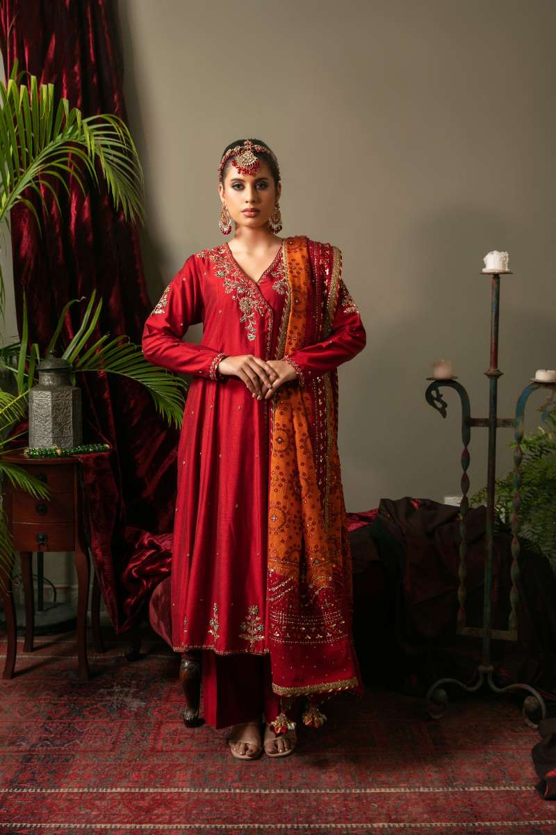 Yasmin Zaman -  Sponge Net Suit For Women - Deep Red - 3 Piece