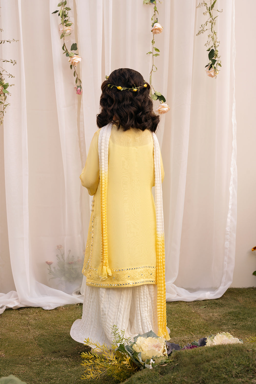 Hummingbirds - Basant Mirror and Thread embroidered Sharara Set 4 Pcs For Girl