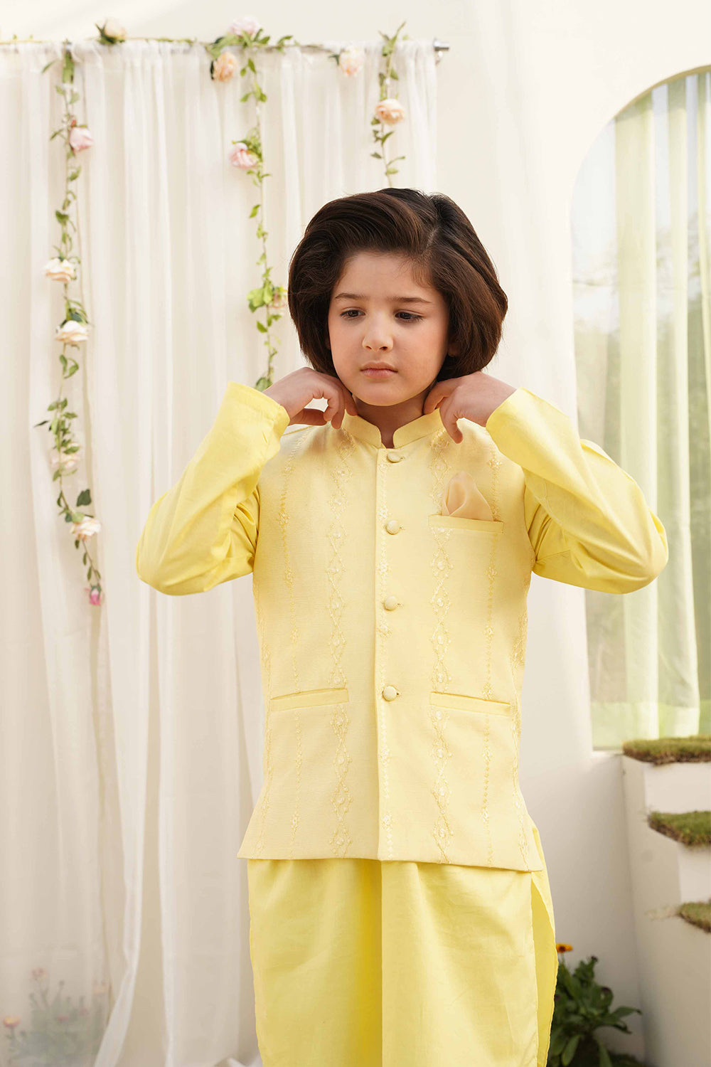 Hummingbirds - Basant Embroidered Raw Silk Waistcoat For Boy