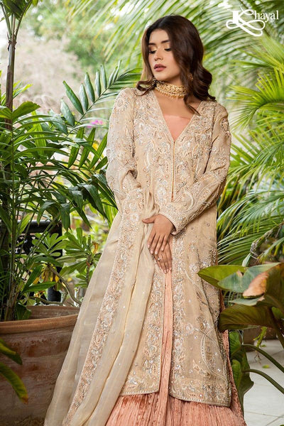 Khayal BY SHAISTA HASSAN - Champaign Front Open Coat with Peach Crinkle Lehanga - 3 Piece - Studio by TCS