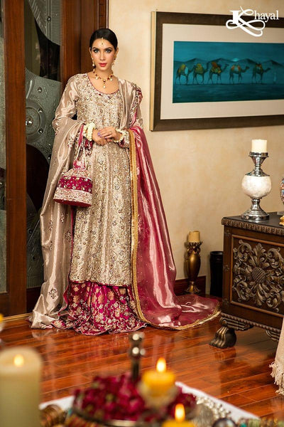 Khayal BY SHAISTA HASSAN - Champaign with Magenta Gharara - 3 Piece - Studio by TCS