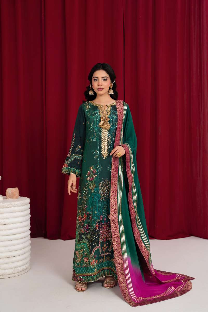 Zaaviay - Emerald Oasis Silk Kaftaan For Women - Plum - 3 Piece