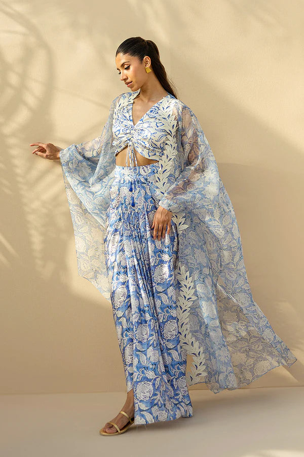 Sania Maskatiya - Zaina - Charmeuse , Organza , Charmeuse  - Azure - 3 Piece