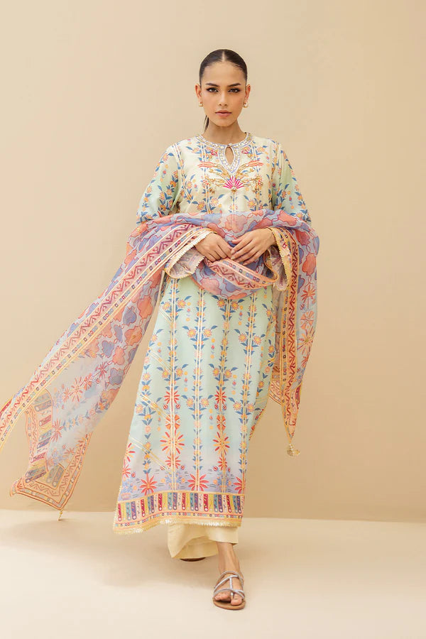 Sania Maskatiya - Zayen (B) - Khaddi Silk , Organza , RawSilk - Seafoam - Ombre - 3 Piece