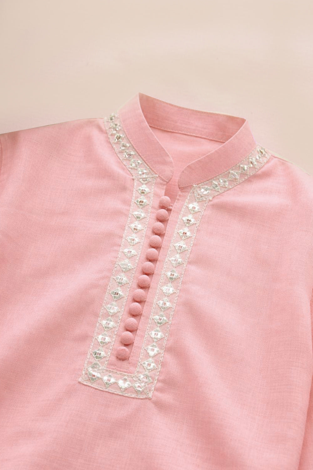 Hummingbirds - Candy Pink Mirror Embroidery Kurta Cotton Chambray For Boy