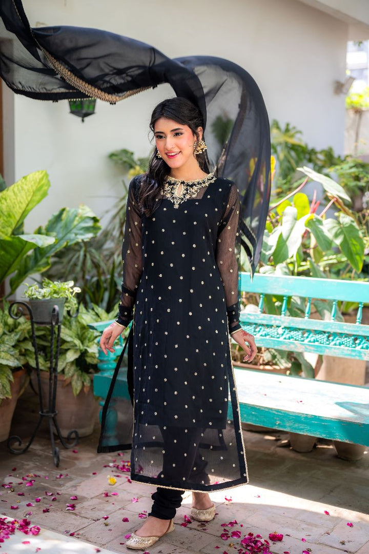 Omal by Komal - Almira - Black - Chiffon & Cotton Silk - 4 Piece