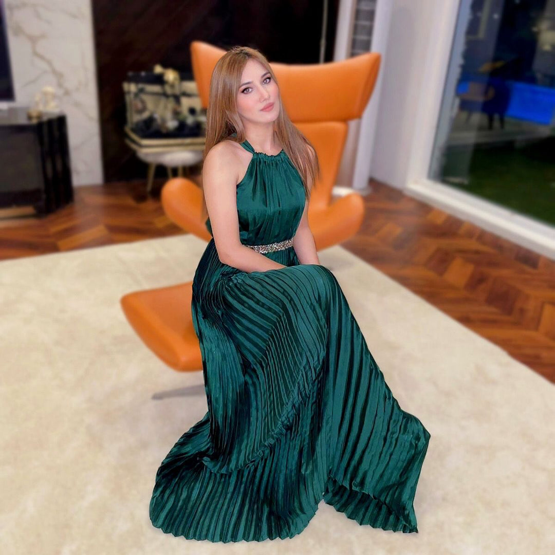Syah - Halterneck Pleated Dress - Silk - Emerald Green - 1 Piece