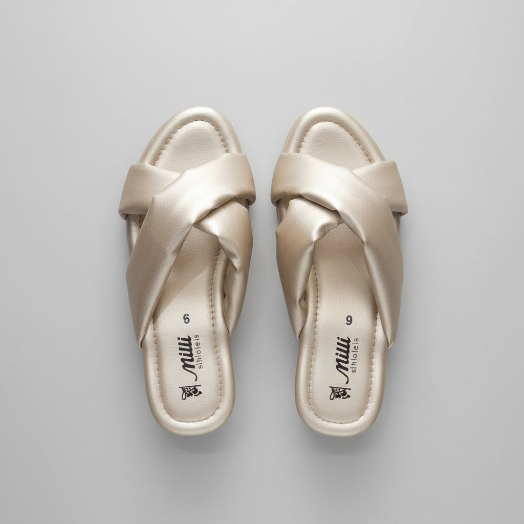 Milli Shoes - Dull Gold Cross Strap Wedge Heels