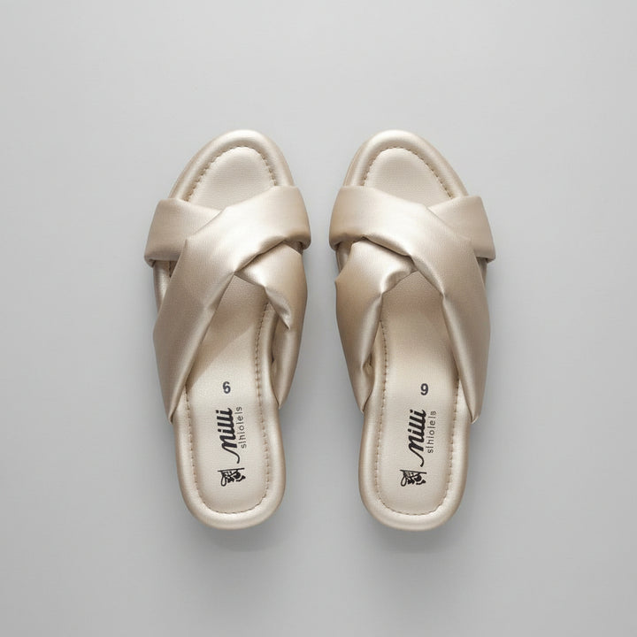 Milli Shoes - Dull Gold Cross Strap Wedge Heels