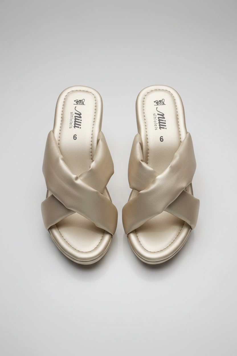 Milli Shoes - Dull Gold Cross Strap Wedge Heels