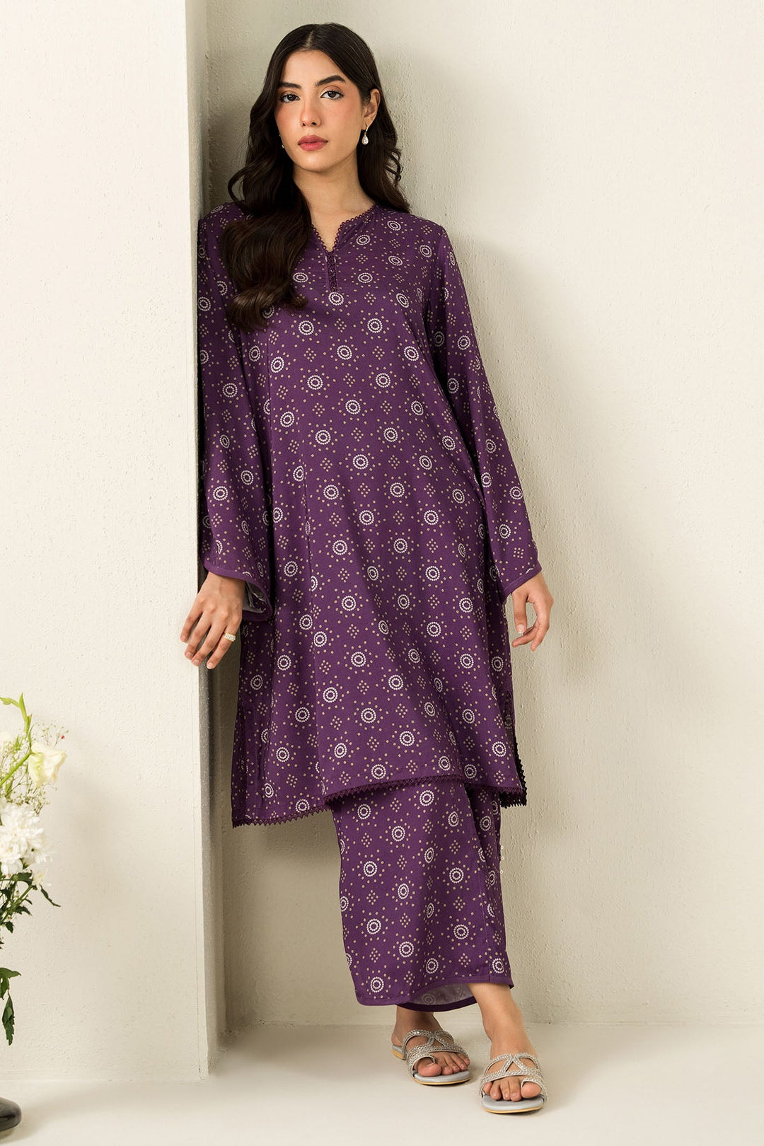Cross Stitch - Deep Mauve - 2 Piece -  Linen Printed Suit - Unstitch