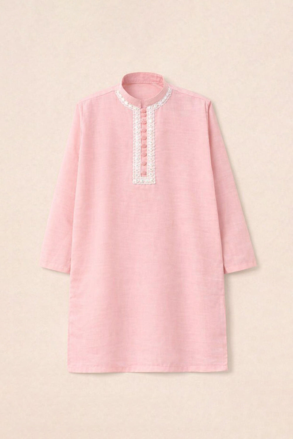 Hummingbirds - Candy Pink Mirror Embroidery Kurta Cotton Chambray For Boy