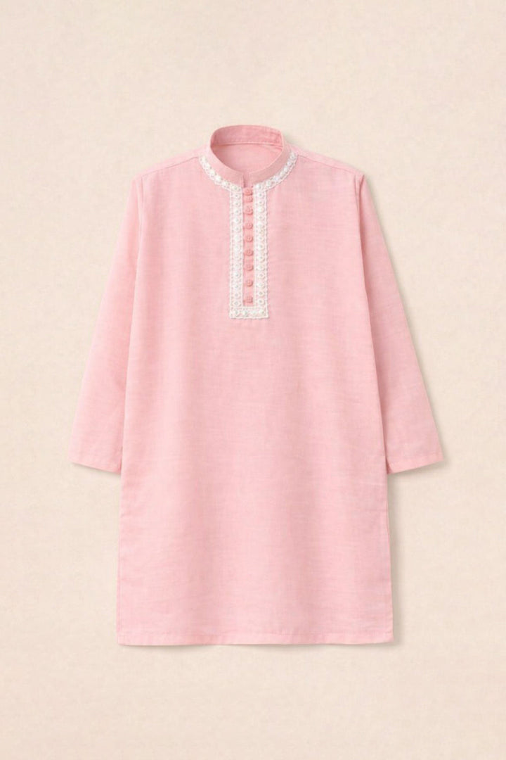Hummingbirds - Candy Pink Mirror Embroidery Kurta Cotton Chambray For Boy
