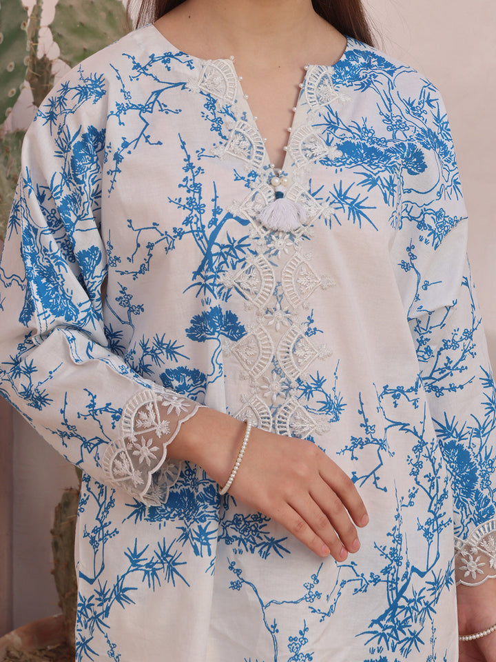 Oaks - Embroidered Pret Shirt & Trouser Cambric White & Blue  - 2 Piece