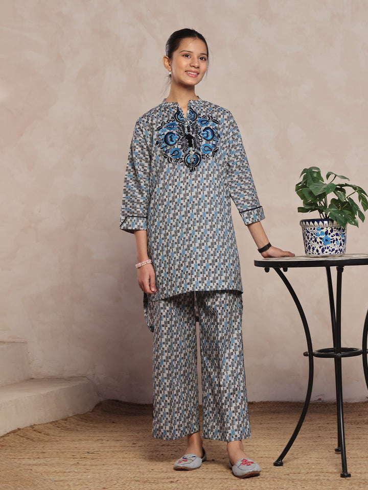 Oaks - Embroidered Pret Shirt & Trouser Lawn Grey & Blue  - 2 Piece