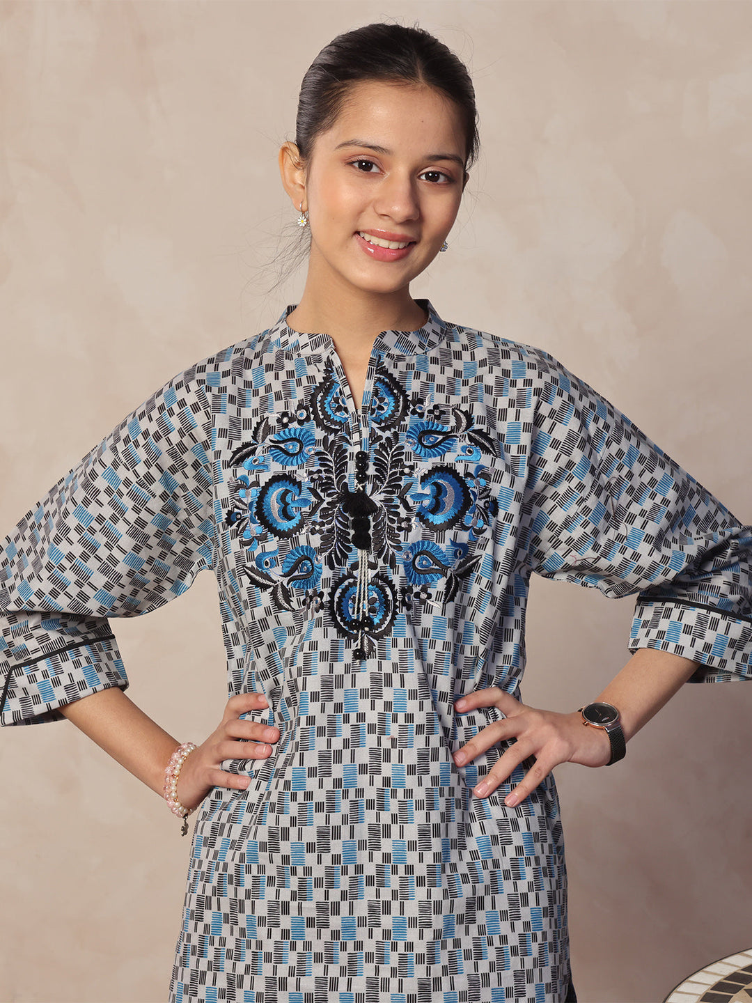 Oaks - Embroidered Pret Shirt & Trouser Lawn Grey & Blue  - 2 Piece