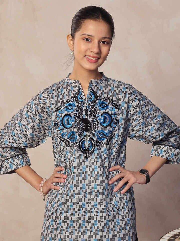 Oaks - Embroidered Pret Shirt & Trouser Lawn Grey & Blue  - 2 Piece