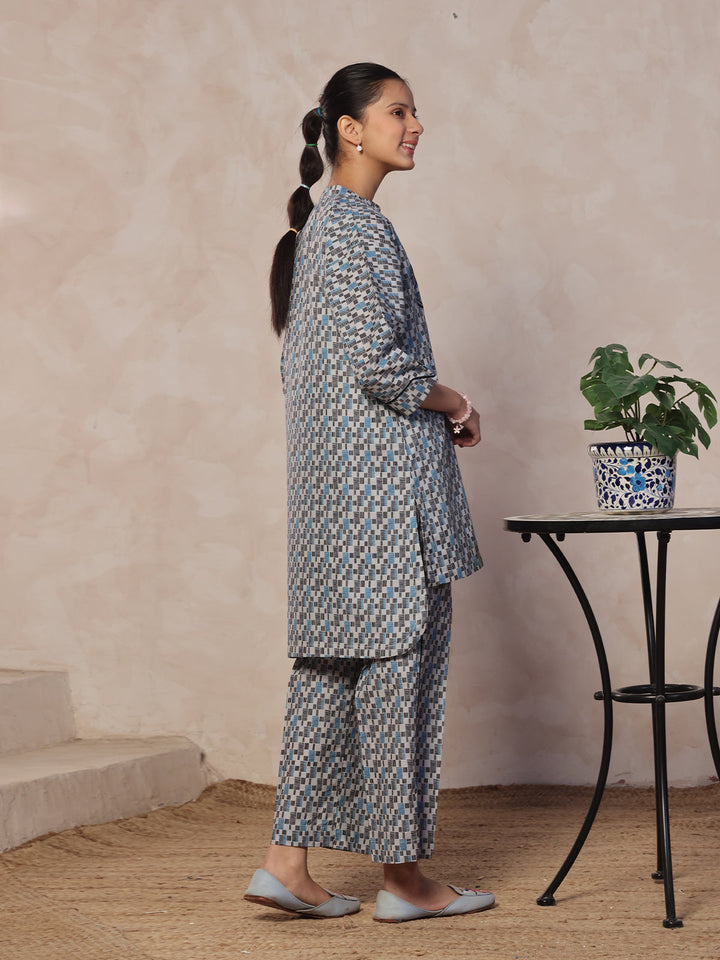Oaks - Embroidered Pret Shirt & Trouser Lawn Grey & Blue  - 2 Piece