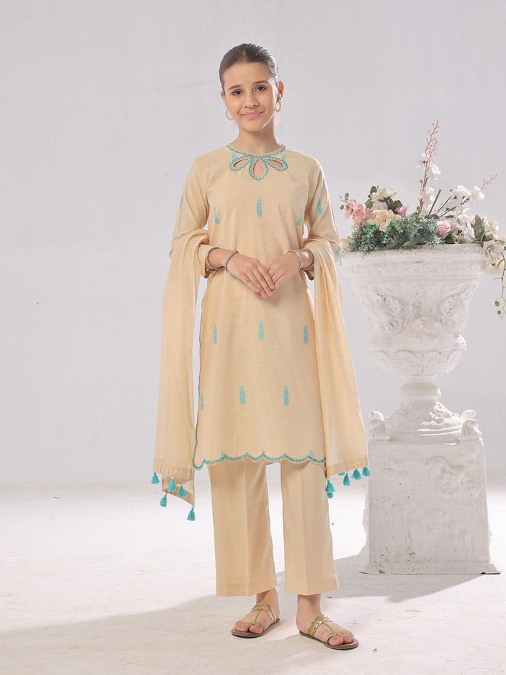Oaks - Embroidered Cotton Silk Suit For Girl - Beige - 3 Piece
