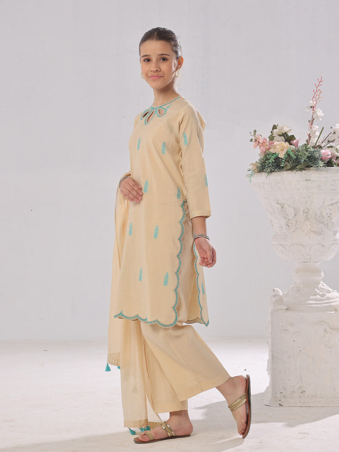 Oaks - Embroidered Cotton Silk Suit For Girl - Beige - 3 Piece