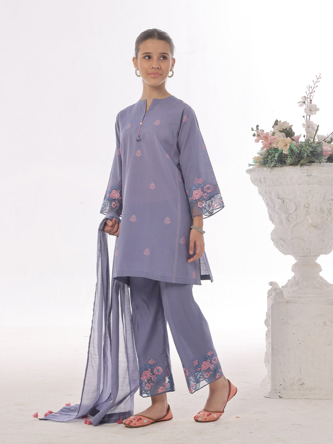 Oaks - Embroidered Cotton Silk Suit For Girl - Blue - 3 Piece