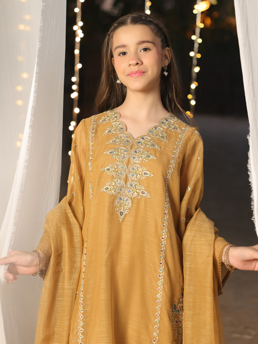 Oaks - Embroidered Slub net polly Suit For Girl - Bronze - 3 Piece