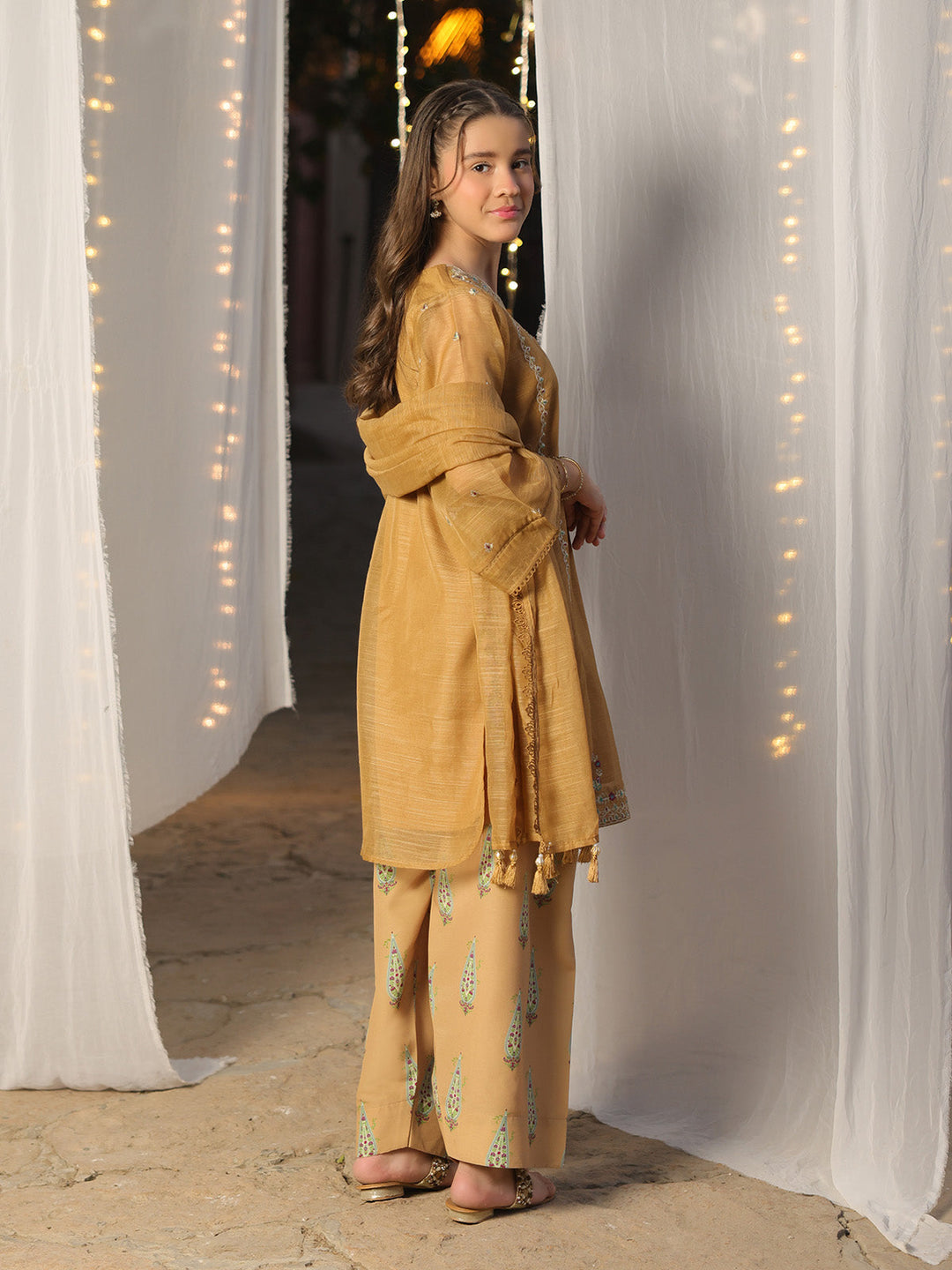 Oaks - Embroidered Slub net polly Suit For Girl - Bronze - 3 Piece