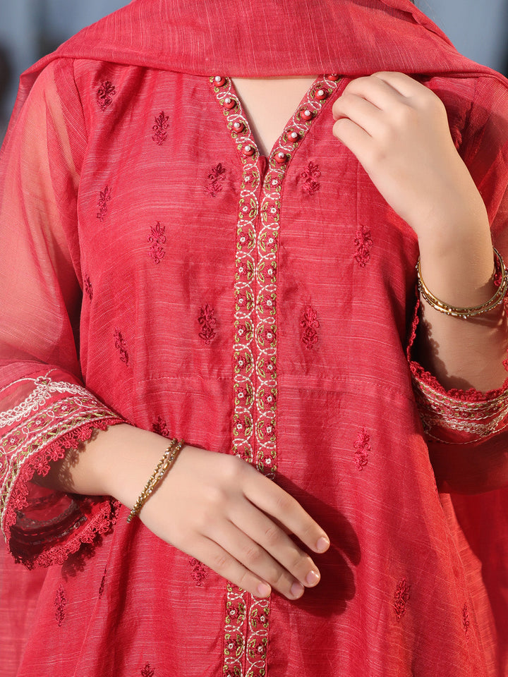 Oaks - Embroidered Slub net polly Suit For Girl - Red - 3 Piece