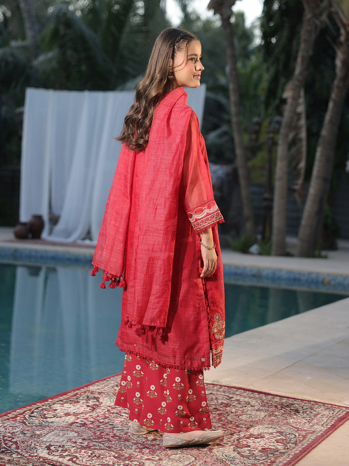 Oaks - Embroidered Slub net polly Suit For Girl - Red - 3 Piece