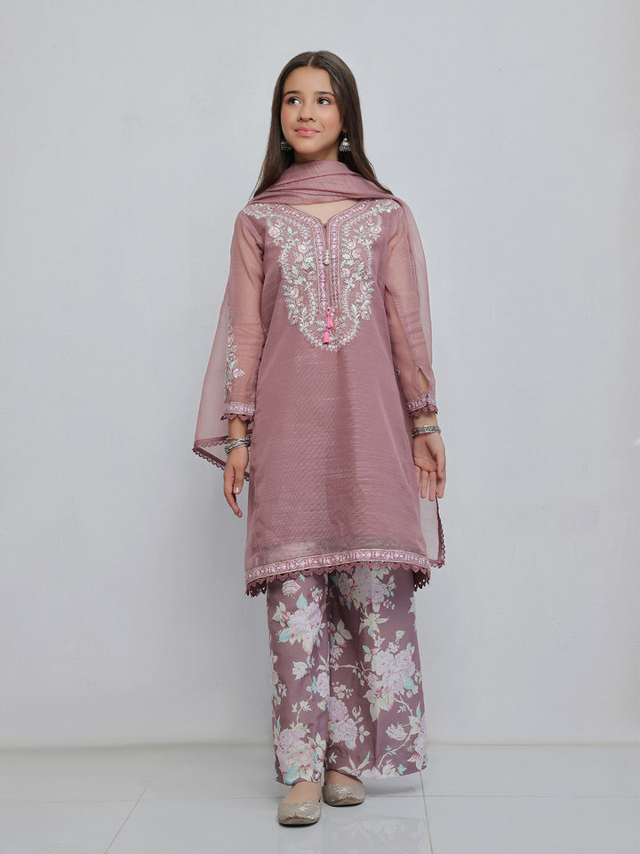 Oaks - Embroidered Slub net polly Suit For Girl - Light Lilac - 3 Piece