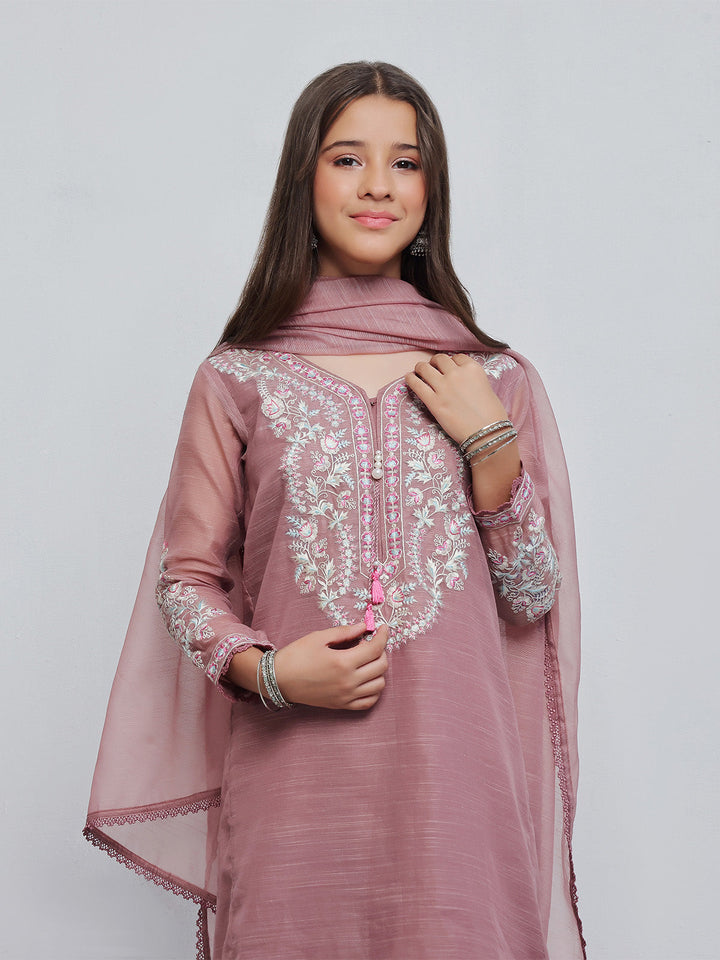 Oaks - Embroidered Slub net polly Suit For Girl - Light Lilac - 3 Piece