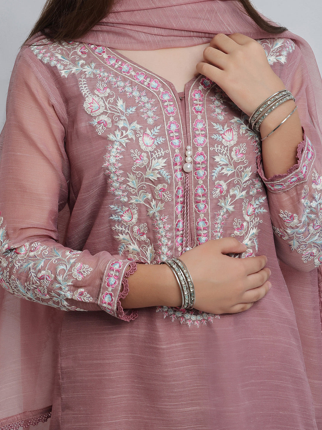 Oaks - Embroidered Slub net polly Suit For Girl - Light Lilac - 3 Piece