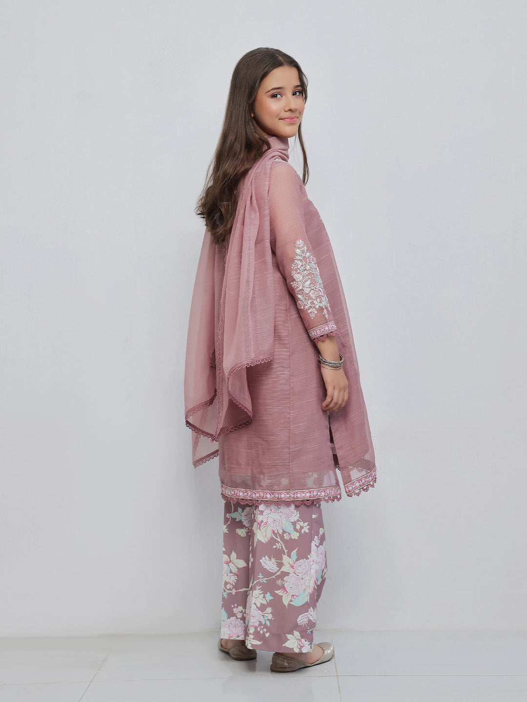 Oaks - Embroidered Slub net polly Suit For Girl - Light Lilac - 3 Piece